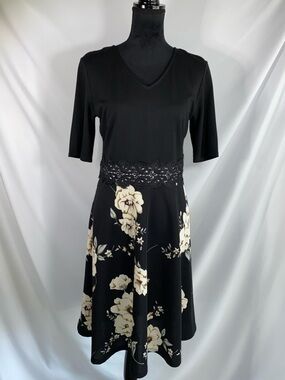 Yathon Black Floral Lace Waist Fit & Flare A Line Dress L NWT